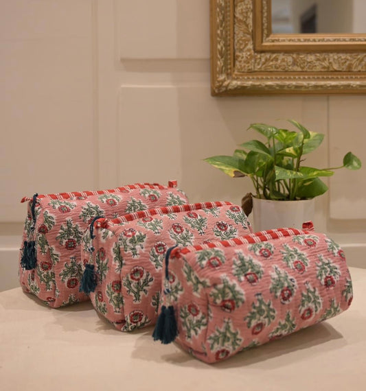 Rose Floral Bloom Block Printed Vanity Pouches