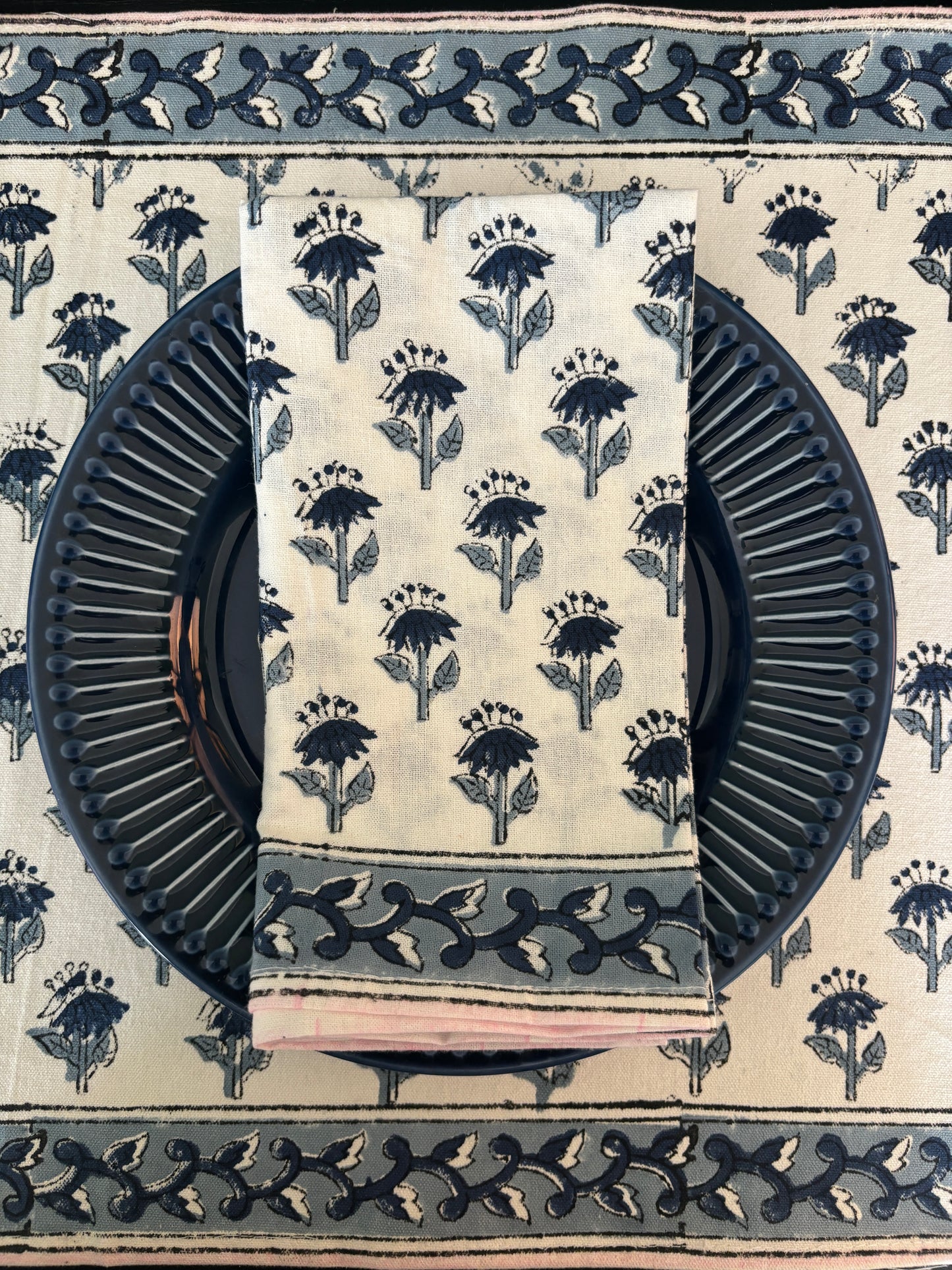 Indigo Charm Hand Block Printed Table Mats & Napkins – Set of 4