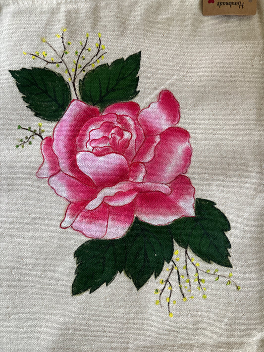 Pink Rose Hand Painted Canvas Tote Bag SMALL