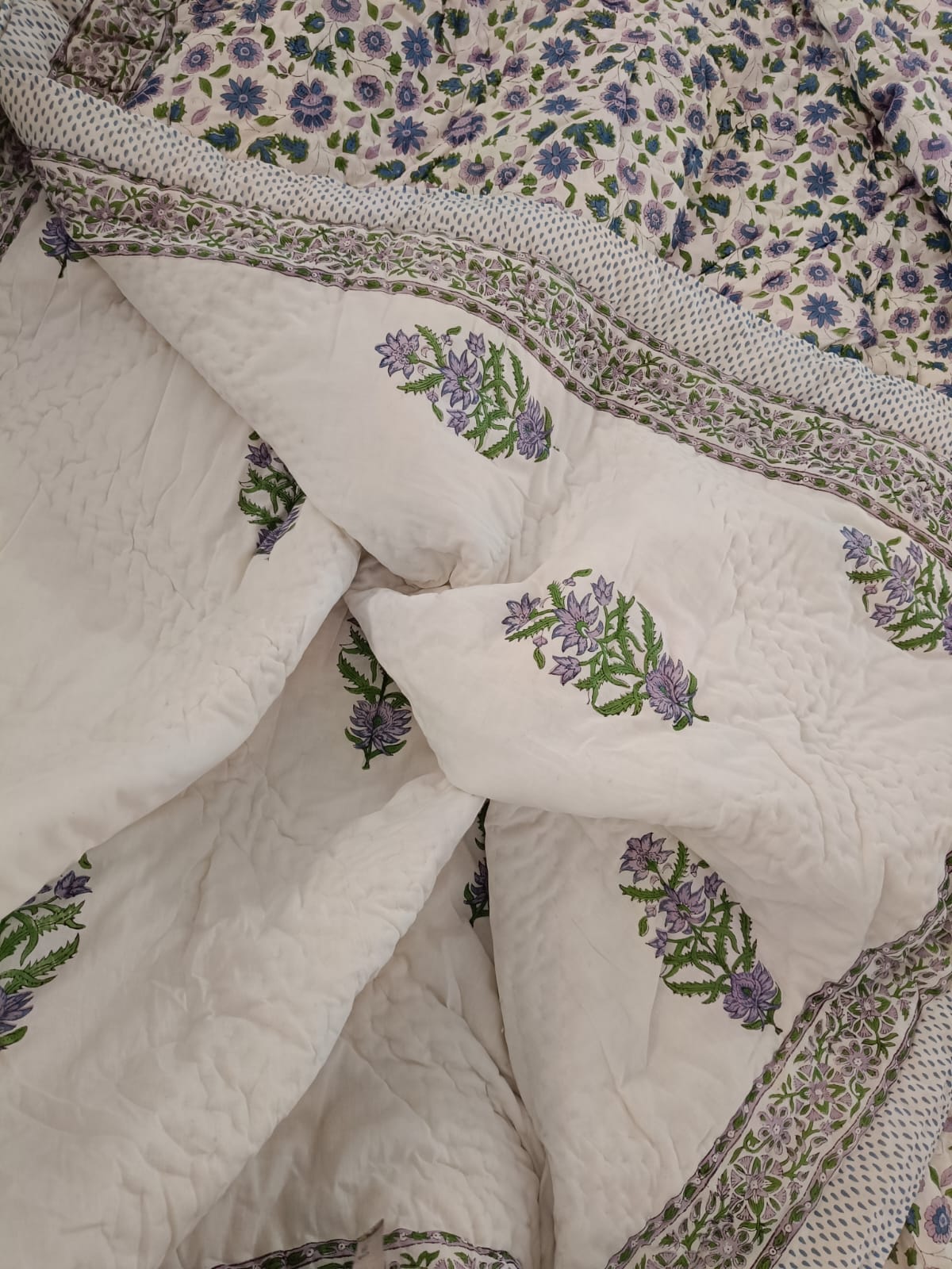 Lavender Bloom Reversible Summer Quilt – Hand Block Printed, Cotton Filled