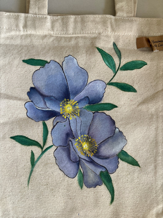 Blue Bloom Hand Painted Canvas Tote Bag SMALL