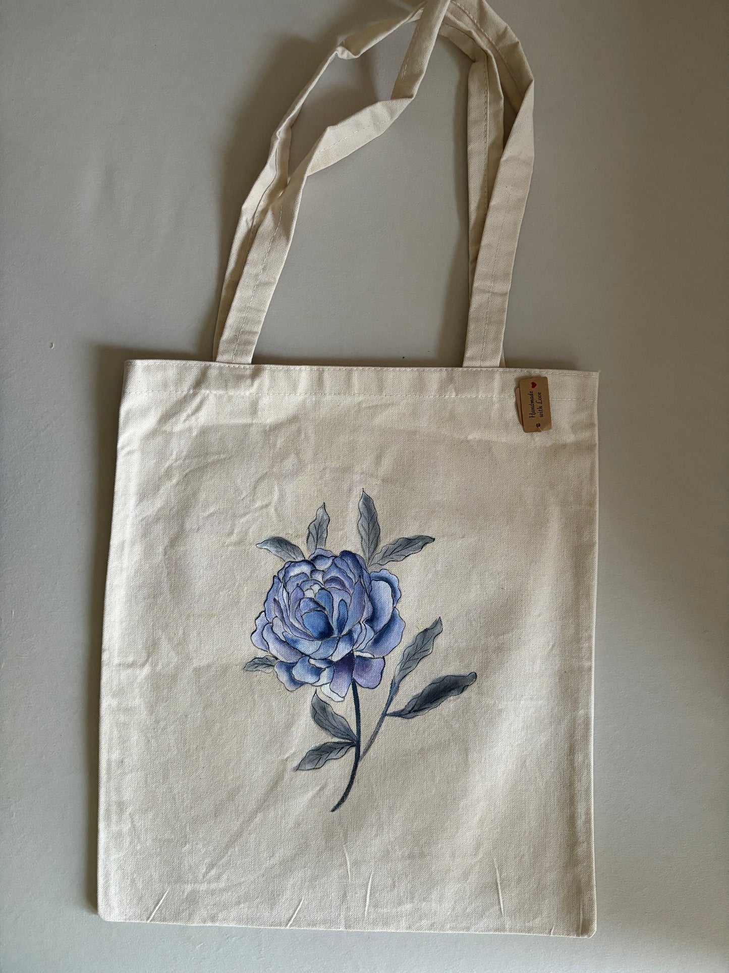 Blue Rose Hand Painted Canvas Tote Bag LARGE