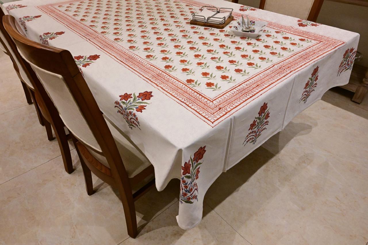 Rust Floral Charm Block Print Tablecloth