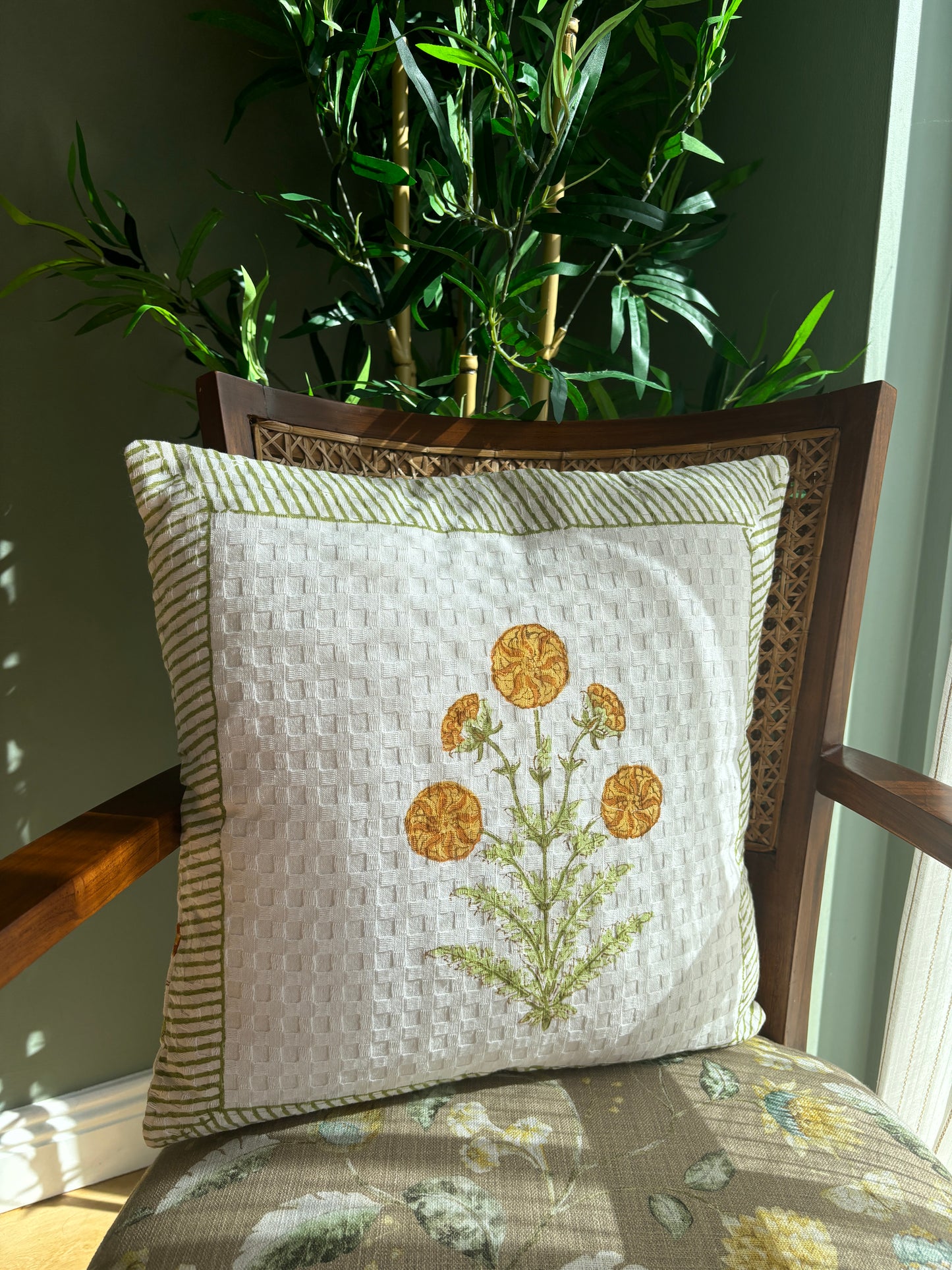 Marigold Bloom Block Printed Cushion