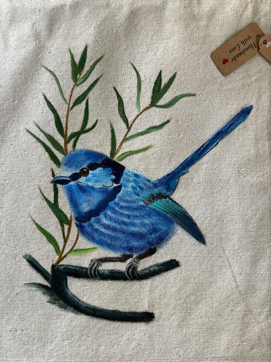Blue Bird Hand Painted Canvas Tote Bag SMALL