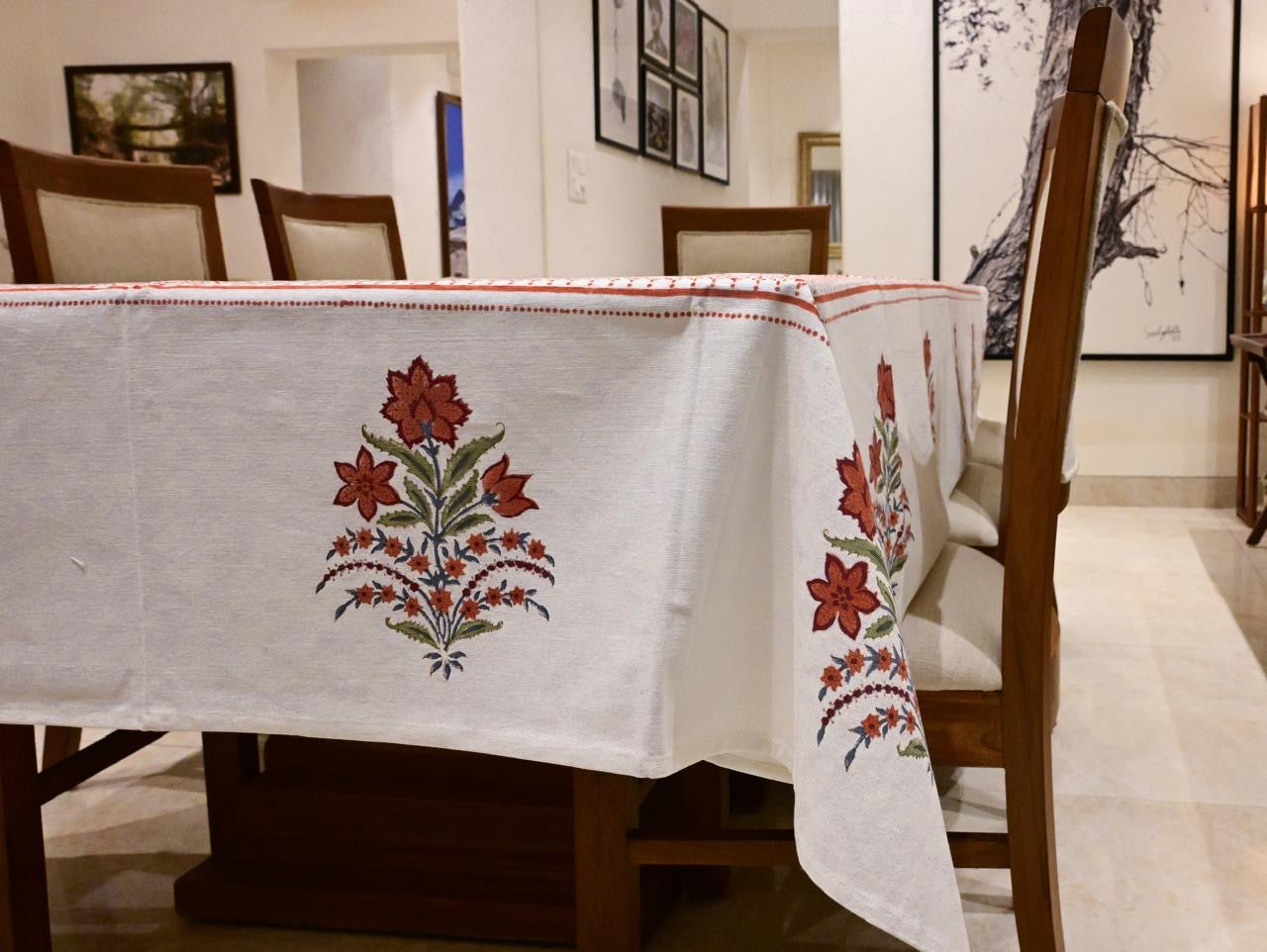 Rust Floral Charm Block Print Tablecloth