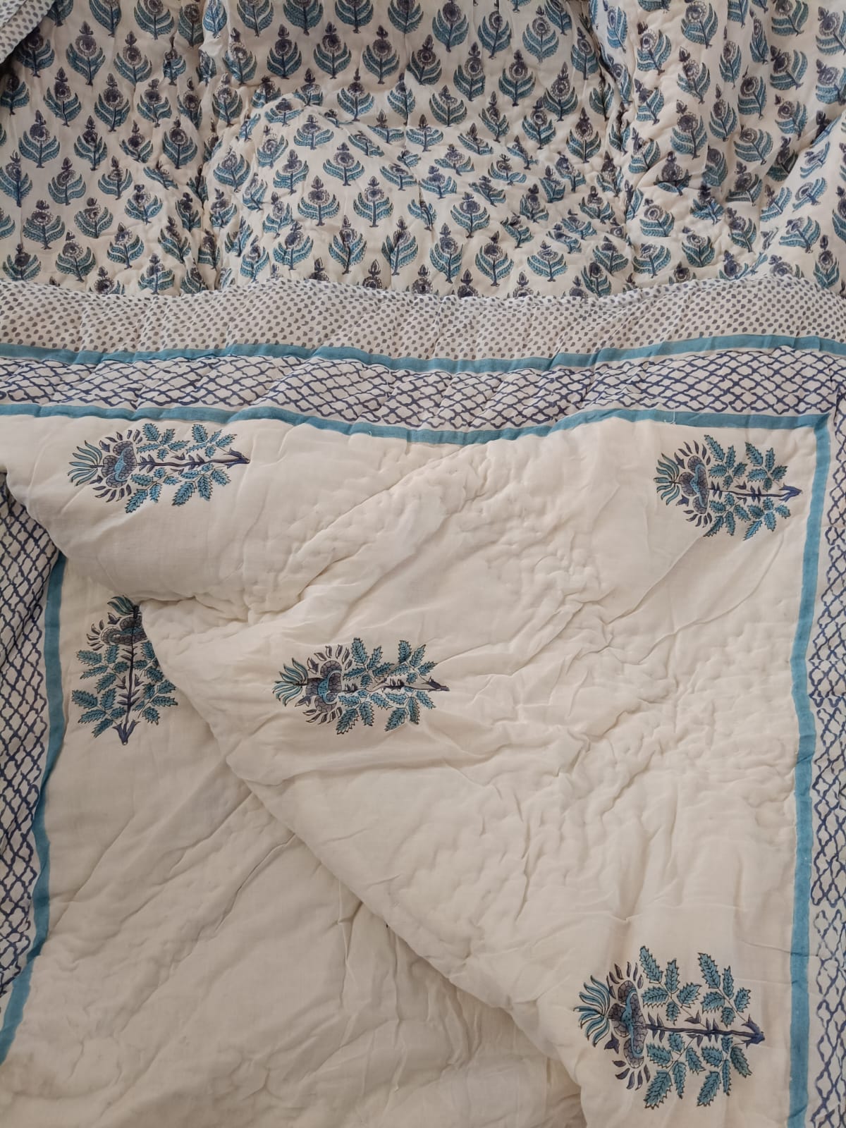 Blue Blossom Reversible Summer Quilt – Hand Block Printed, Cotton Filled
