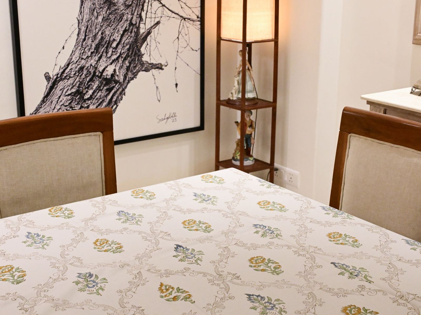 Ivory Frame Floral Block Print Tablecloth