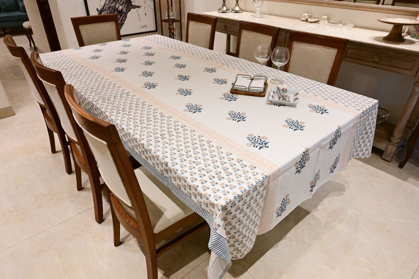 Peach Bloom Block Print Tablecloth