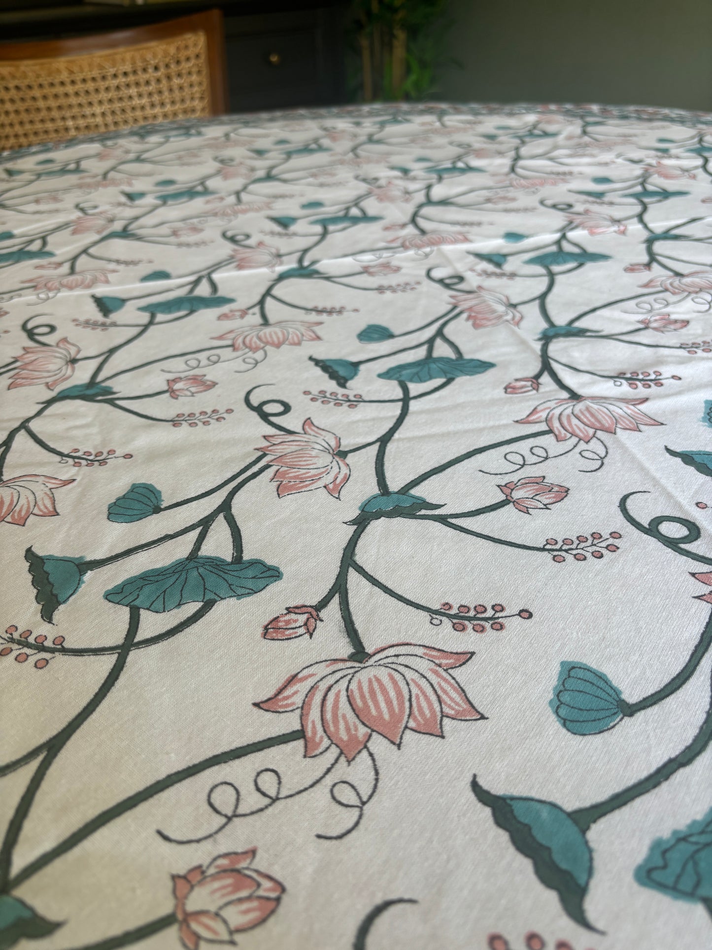 Lotus Whisper Hand Block Printed Cotton Round Tablecloth