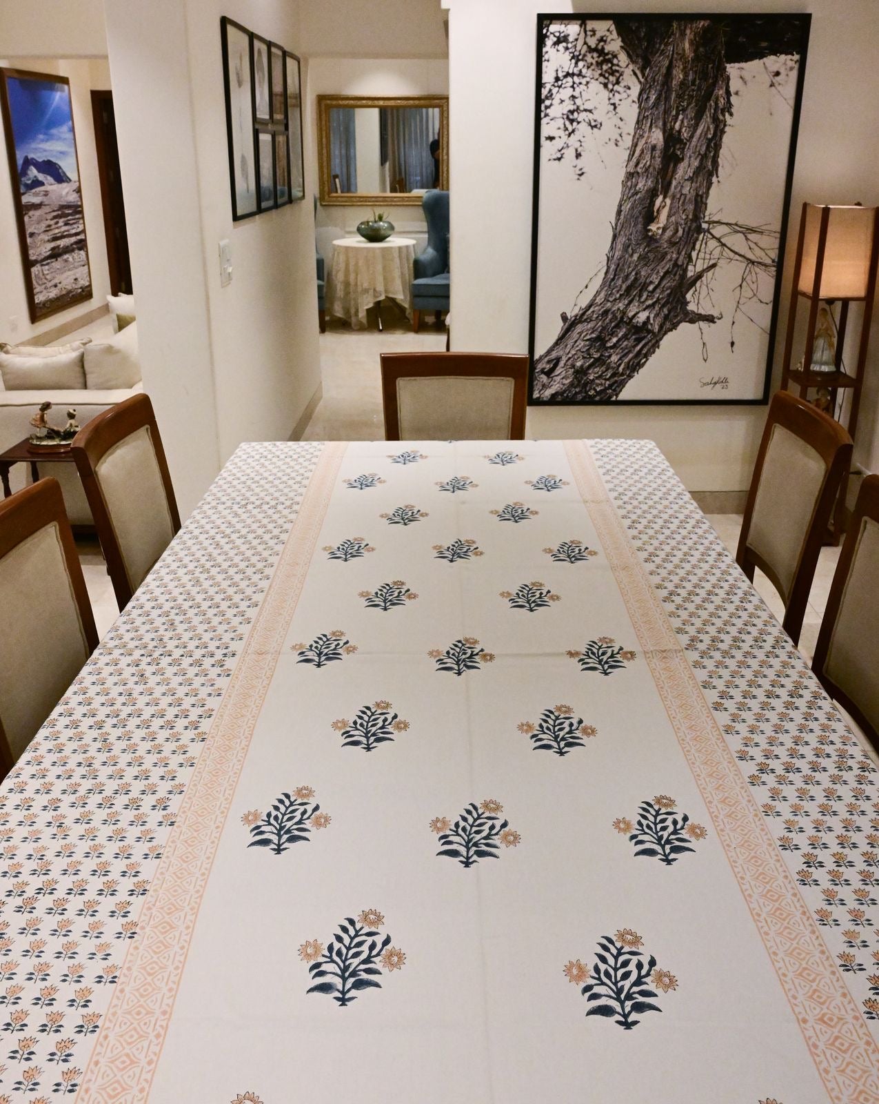 Peach Bloom Block Print Tablecloth