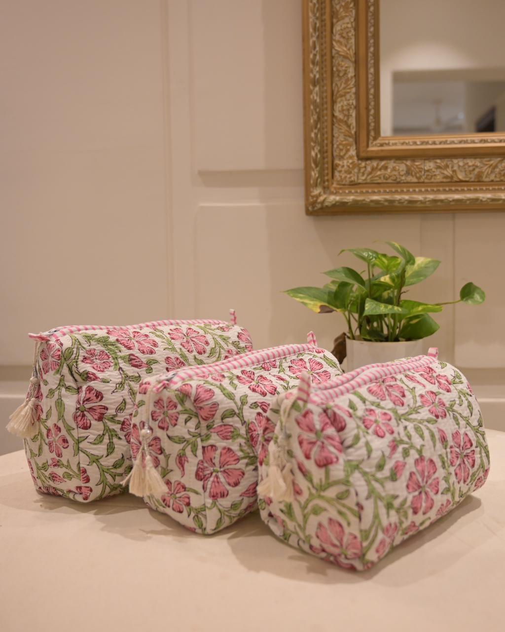 Pink Blossom Block Printed Vanity Pouch
