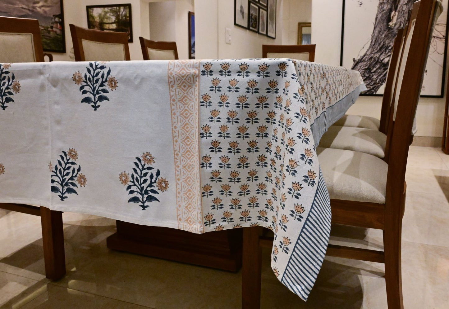 Peach Bloom Block Print Tablecloth