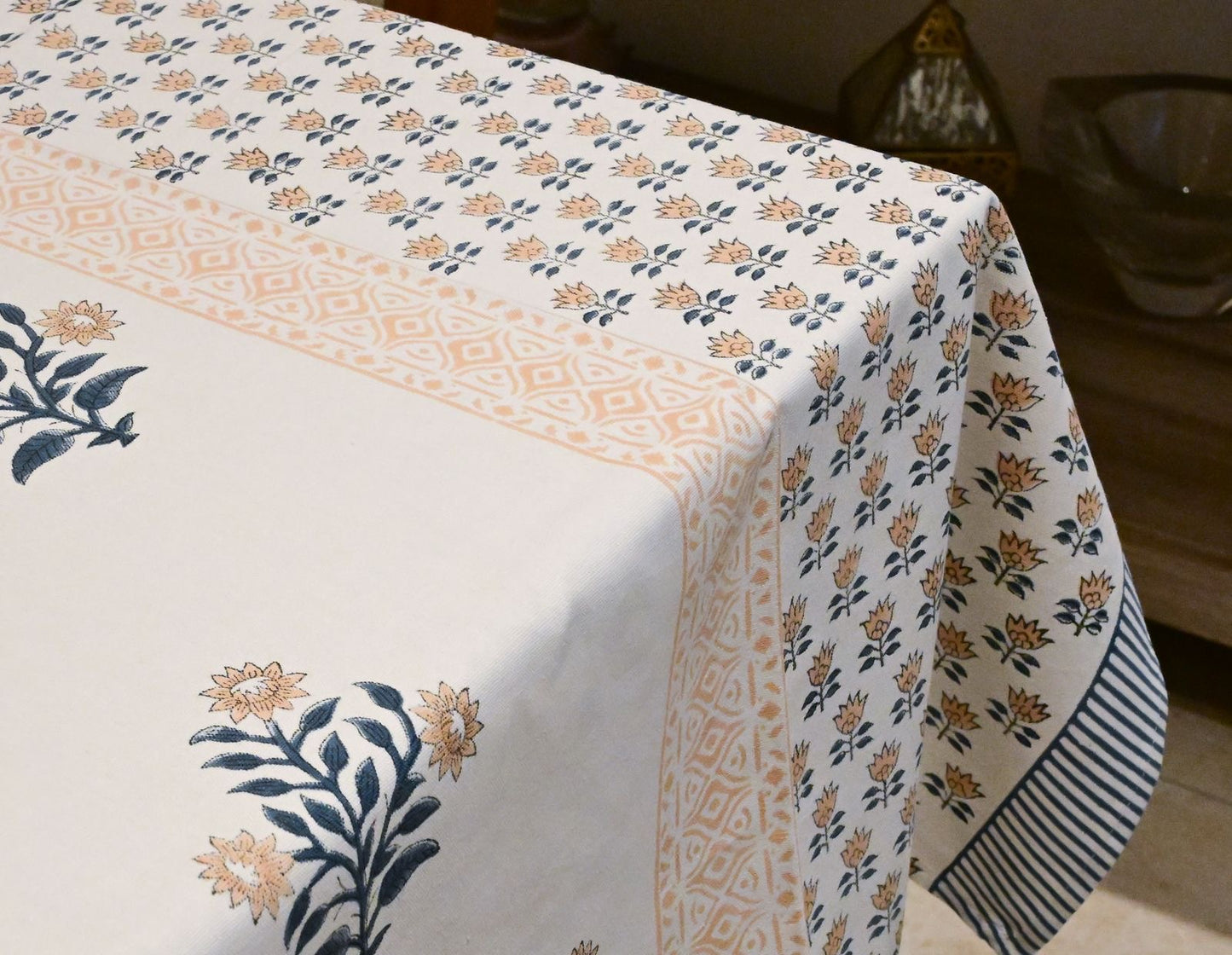 Peach Bloom Block Print Tablecloth