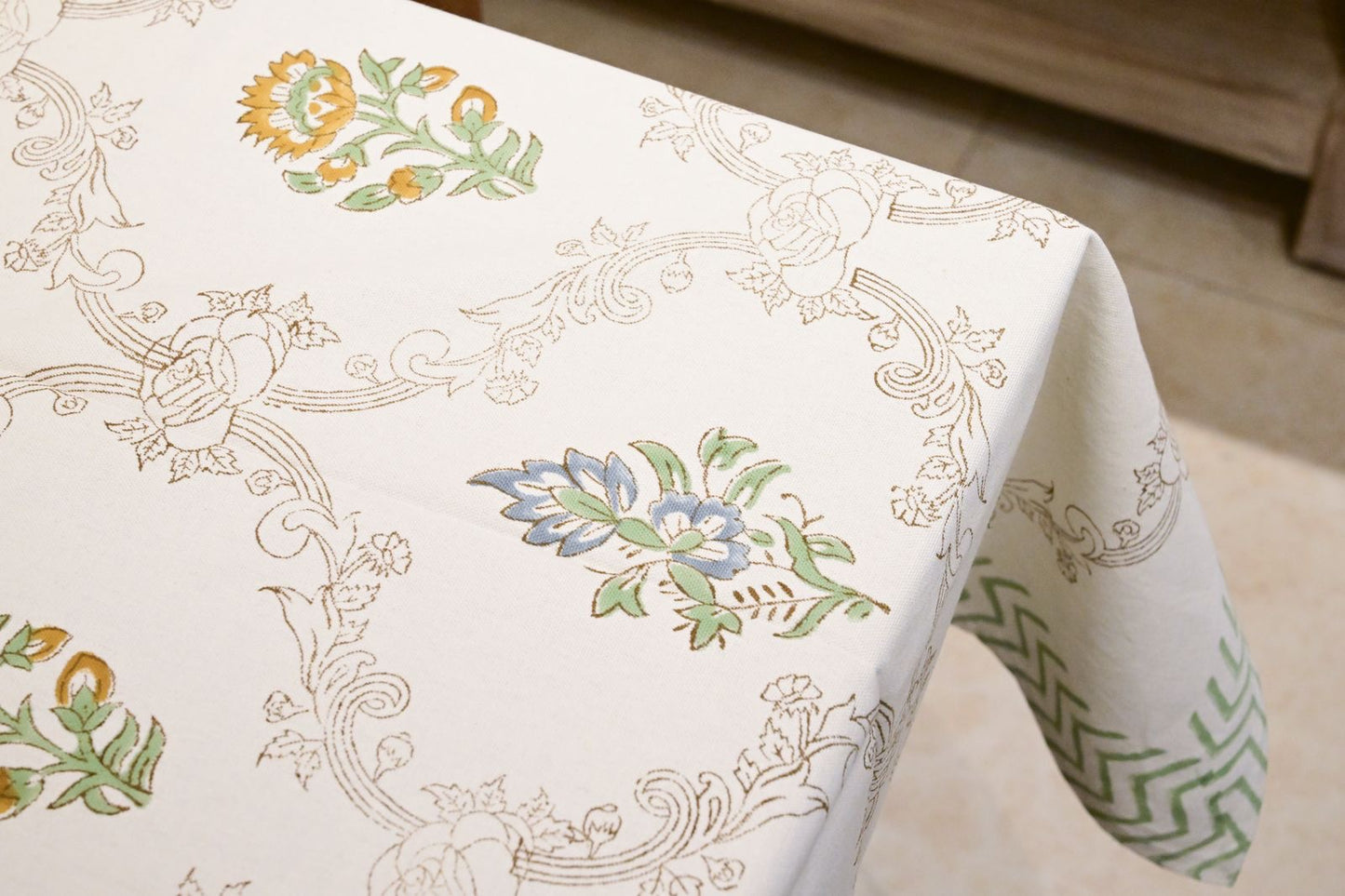 Ivory Frame Floral Block Print Tablecloth