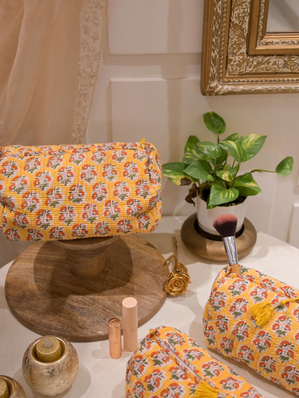 Sunny Bloom Block Printed Vanity Pouch