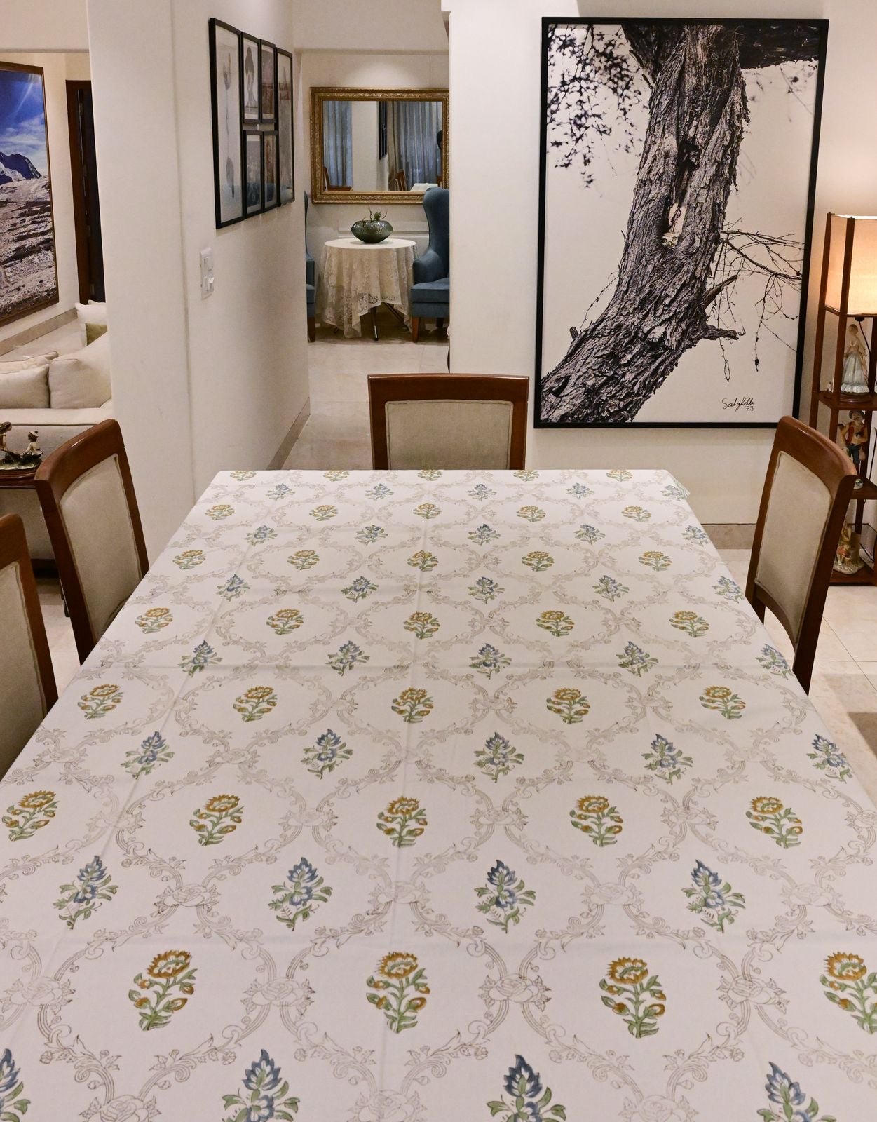 Ivory Frame Floral Block Print Tablecloth