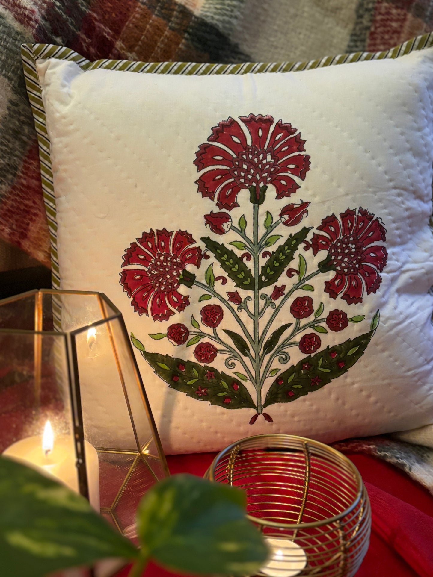 Scarlet Harmony Luxury Cotton Block Printed Cushion Cover