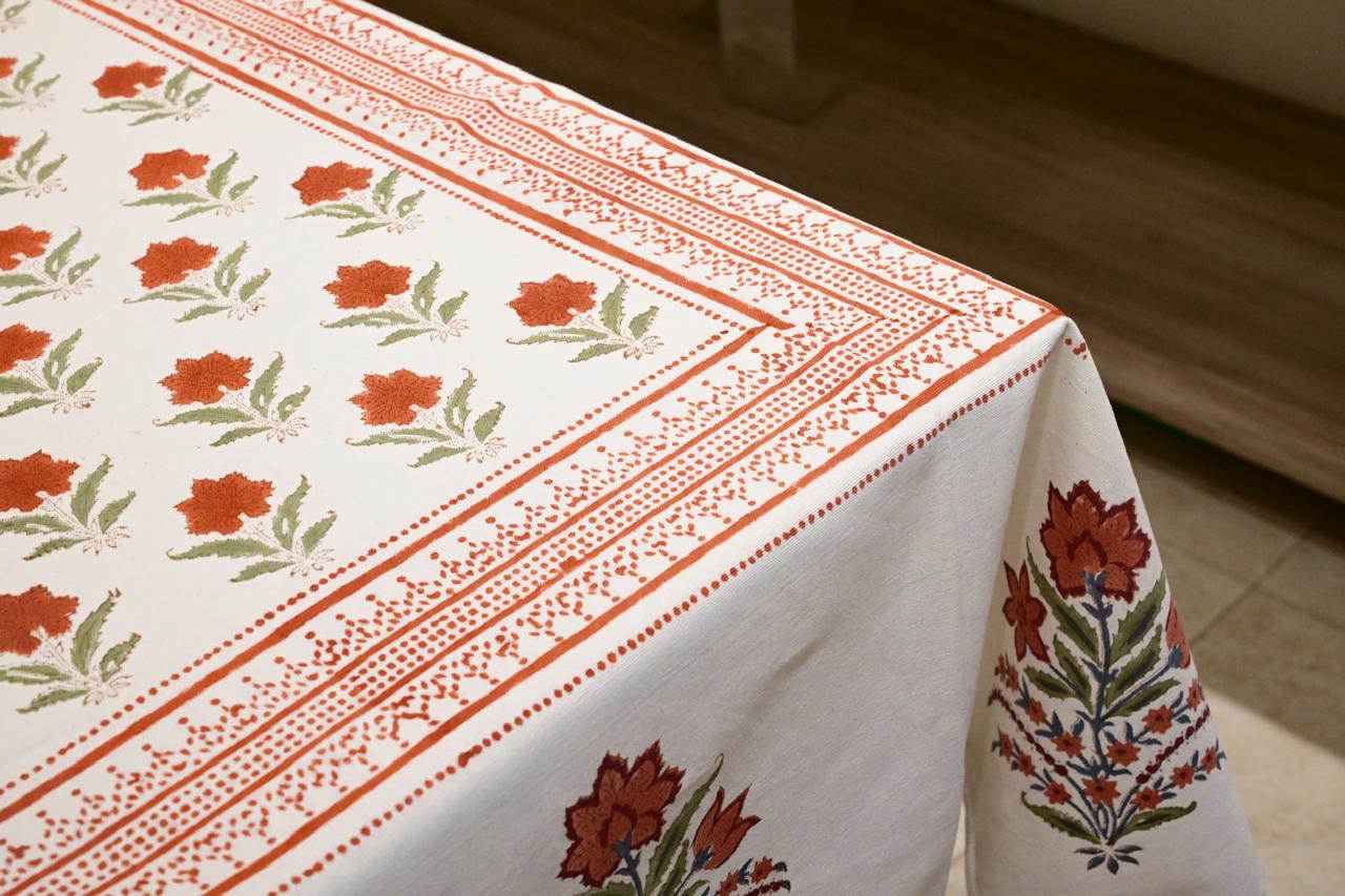 Rust Floral Charm Block Print Tablecloth