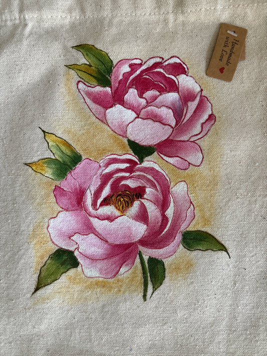 Blush Roses Hand Painted Canvas Tote Bag SMALL