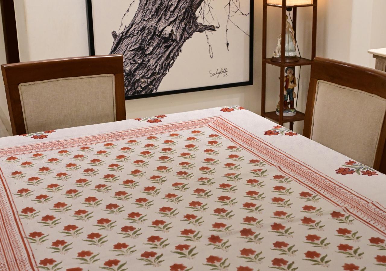 Rust Floral Charm Block Print Tablecloth