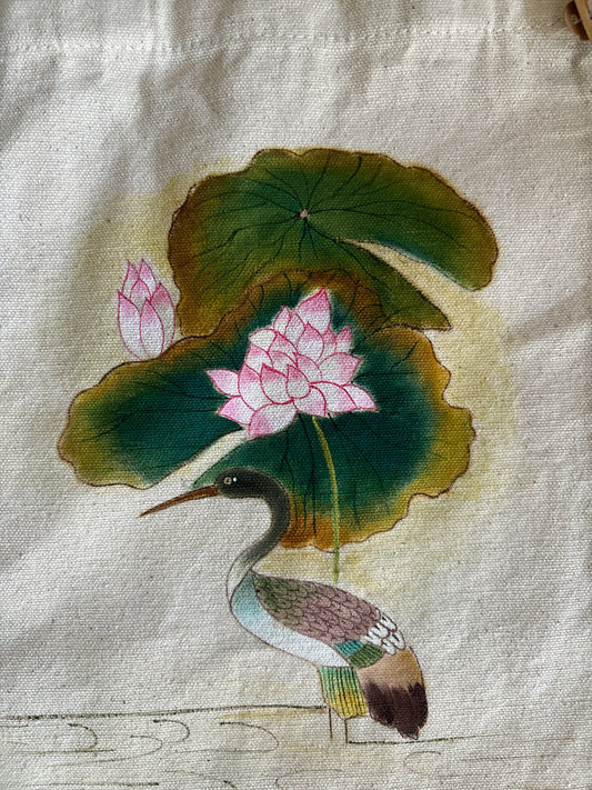 Crane Bird Hand Painted Canvas Tote Bag SMALL
