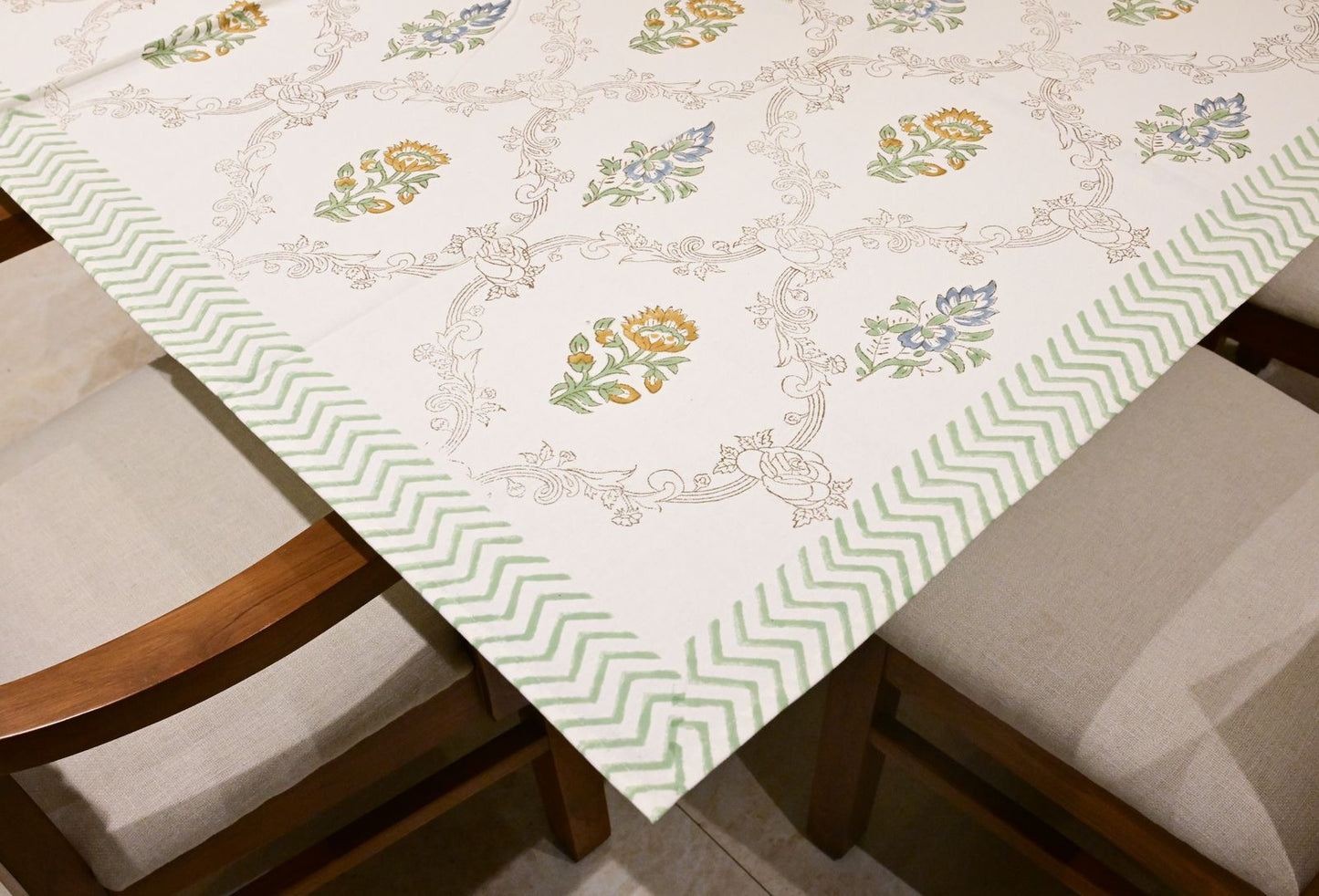Ivory Frame Floral Block Print Tablecloth
