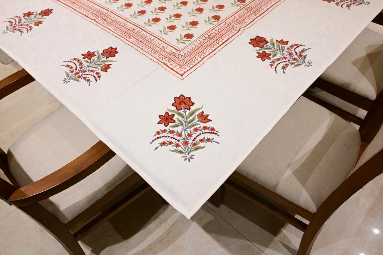 Rust Floral Charm Block Print Tablecloth