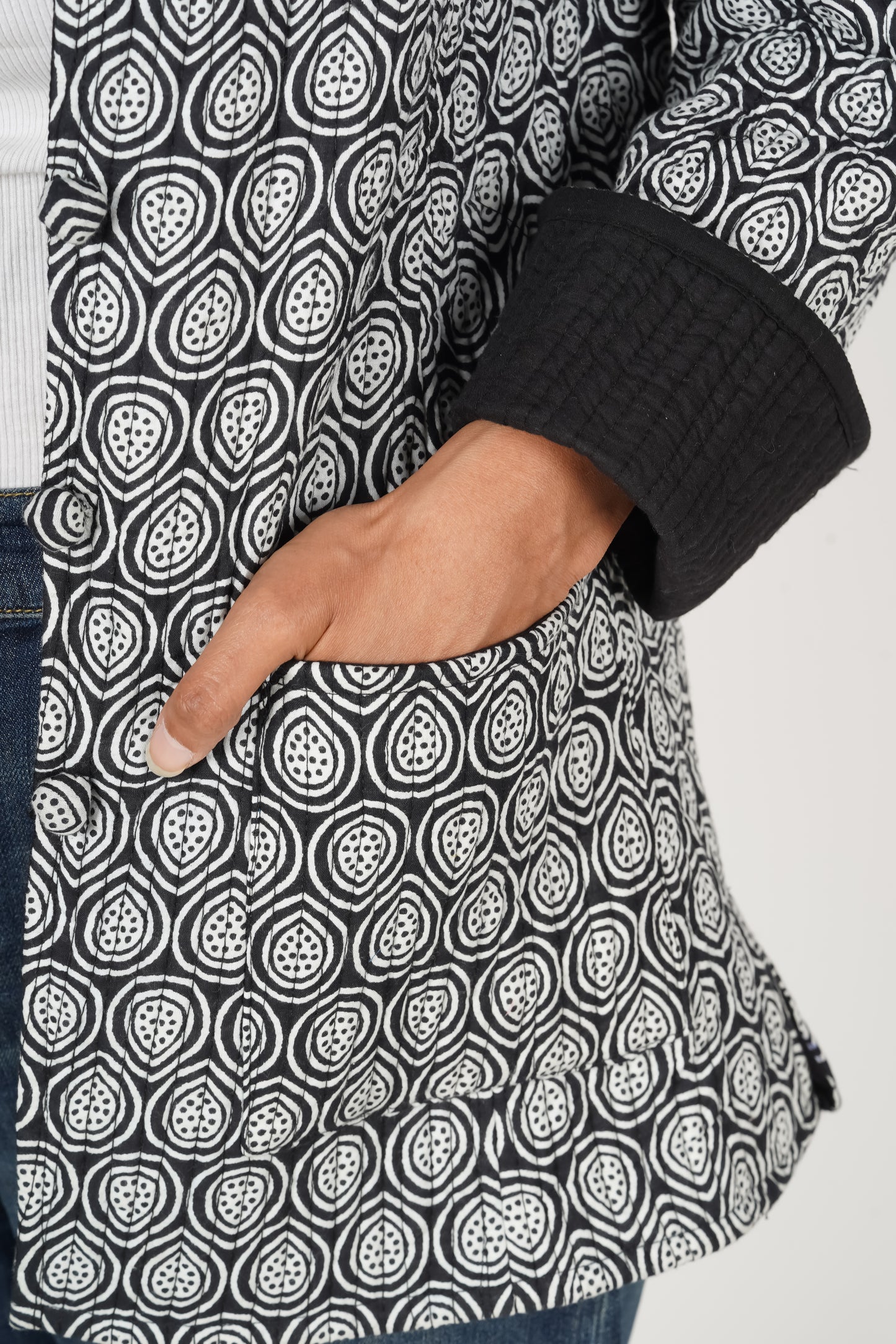 Midnight Monochrome Block Printed Jacket | Long Sleeve Quilted Jodhpuri Jacket