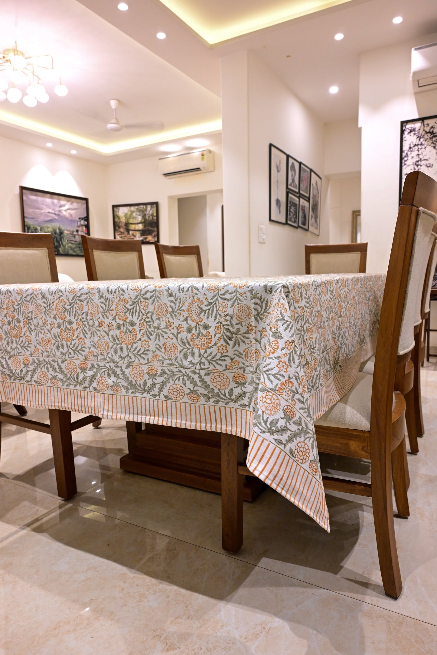 The Anar Tablecloth – White Hand Block Printed Cotton with Grey Vines & Orange Florals