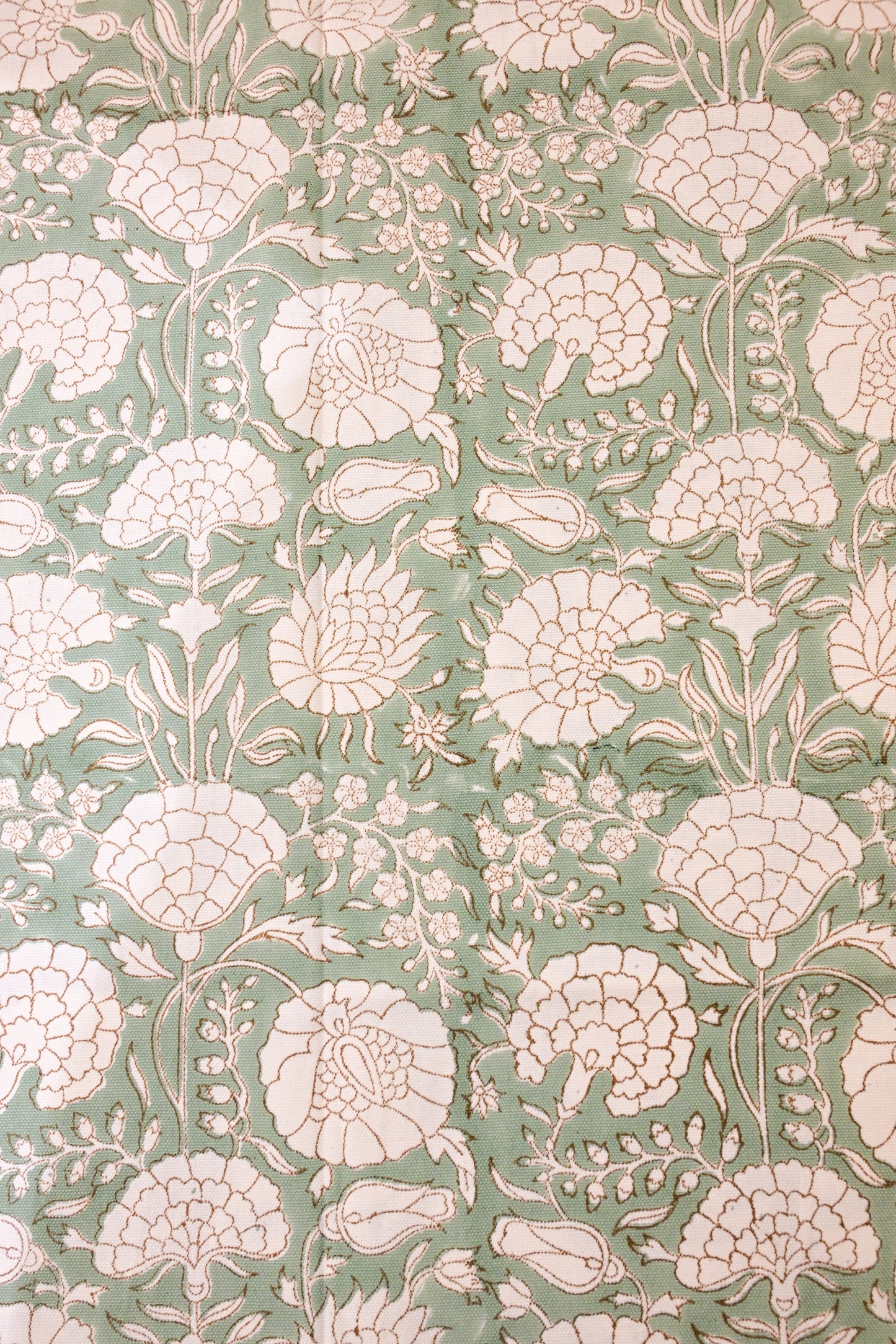 The Neer Tablecloth – Sage Green Hand Block Printed Cotton with Blue Border