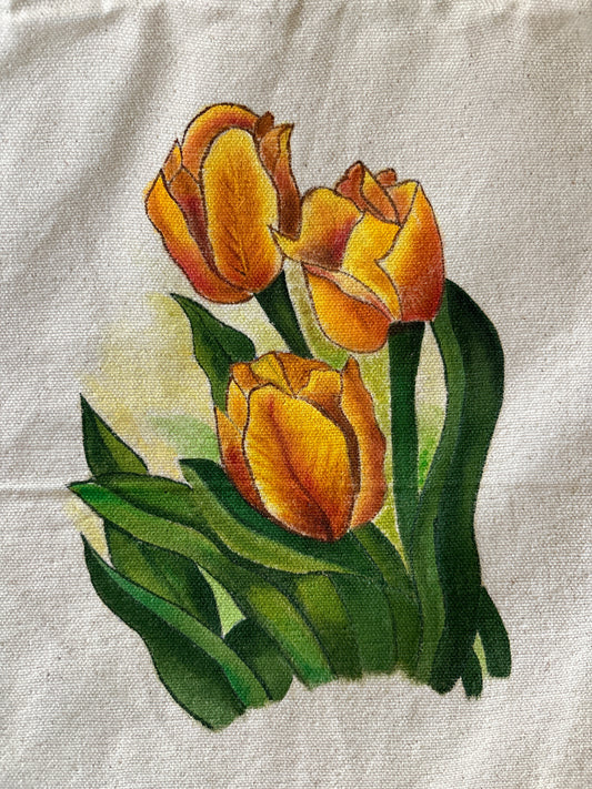 Yellow Tulip Hand Painted Canvas Tote Bag SMALL