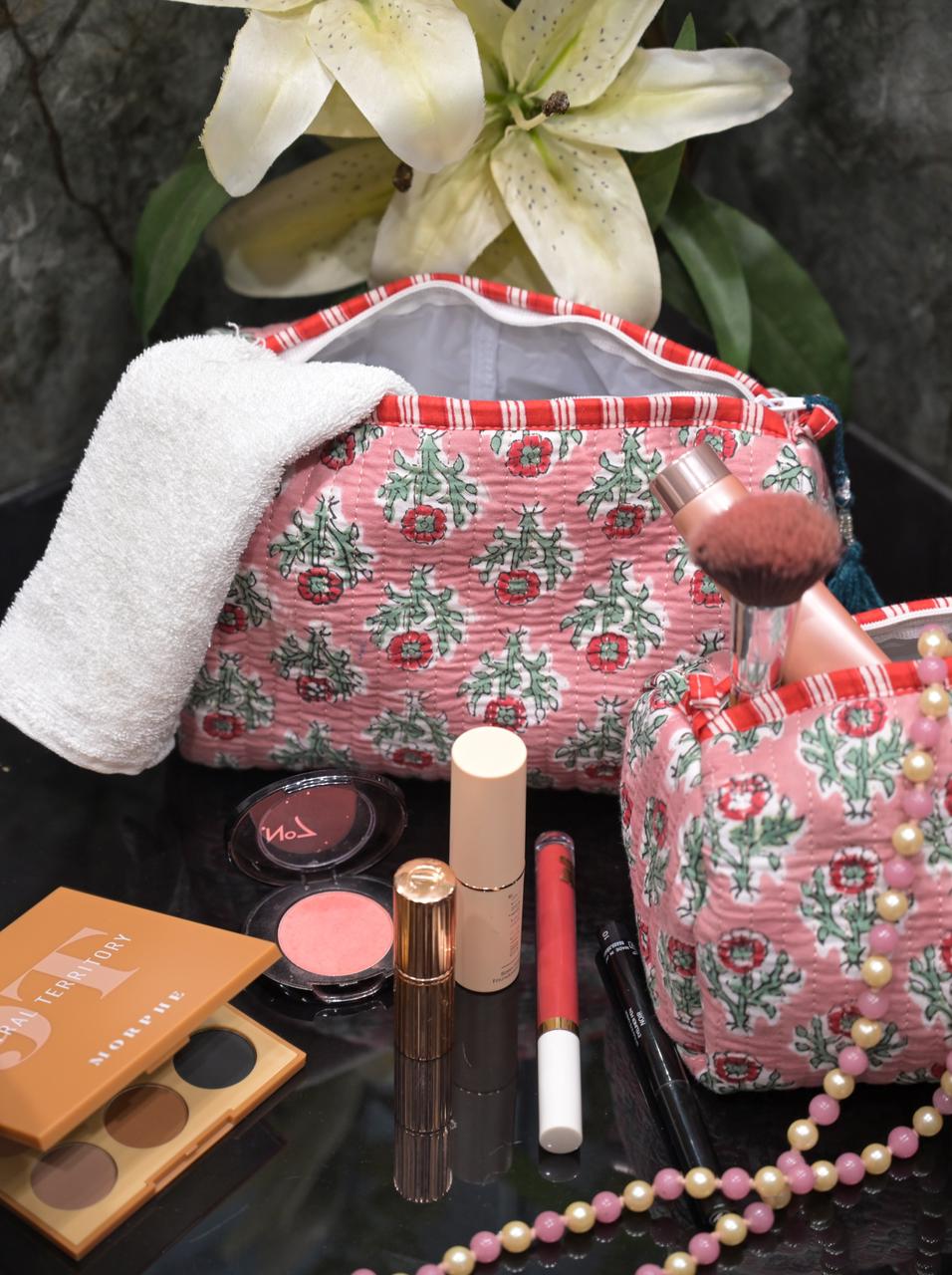 Rose Floral Bloom Block Printed Vanity Pouches