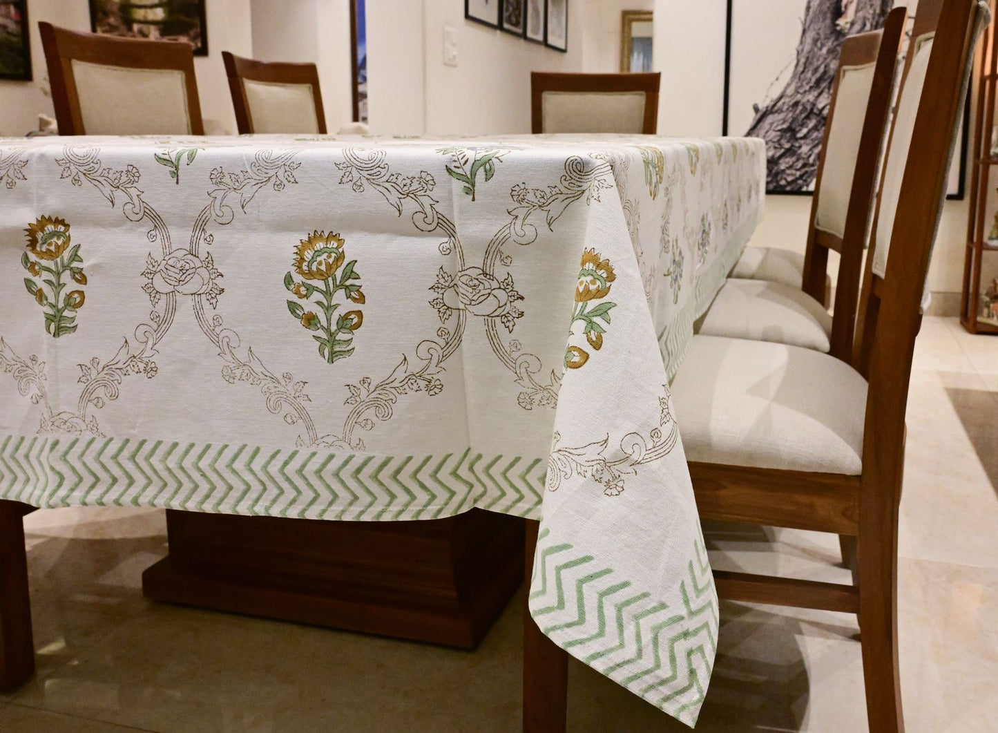 Ivory Frame Floral Block Print Tablecloth