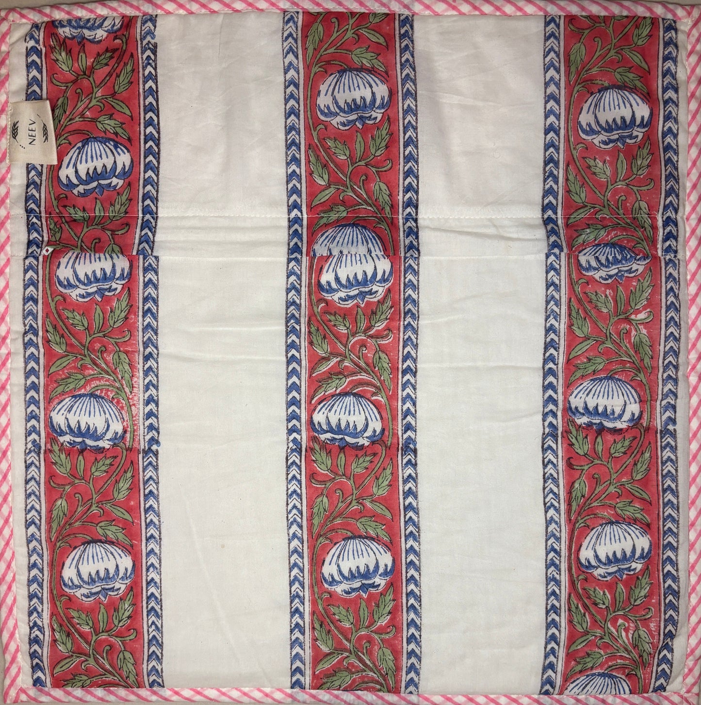 Handmade floral block print cushion made with Luxury Soft Mulmul Cotton