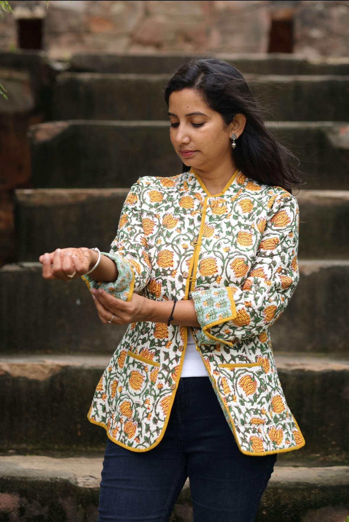 Sage Green Floral Reversible Jacket – Handcrafted Block Print