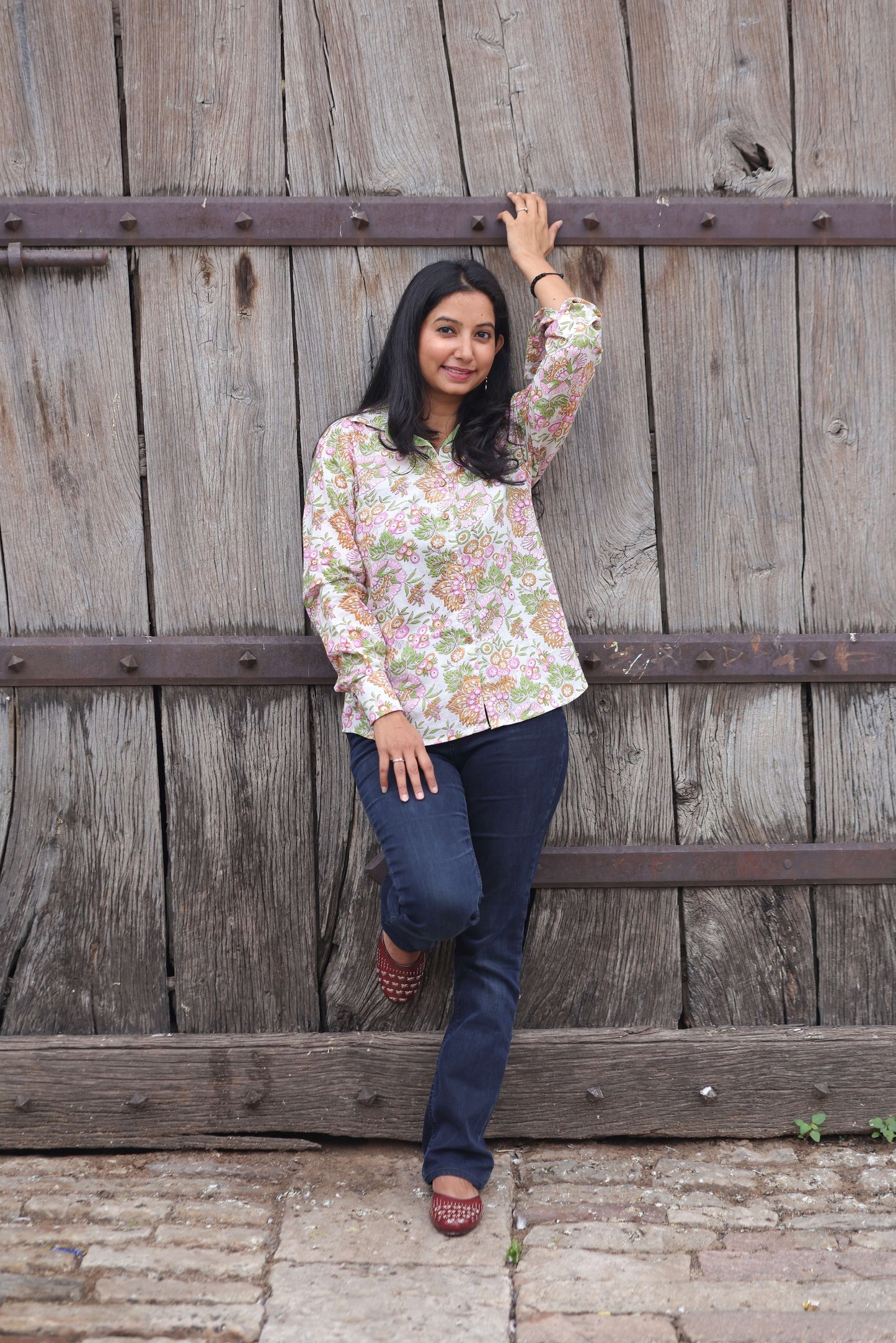The Amaltaas Shirt – Green & Pink Floral Hand Block Printed Cotton Shirt