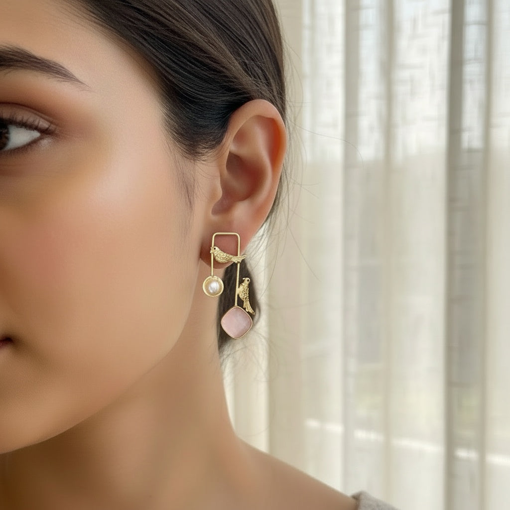 Golden Sparrow Pearl Drop Earrings - Pink