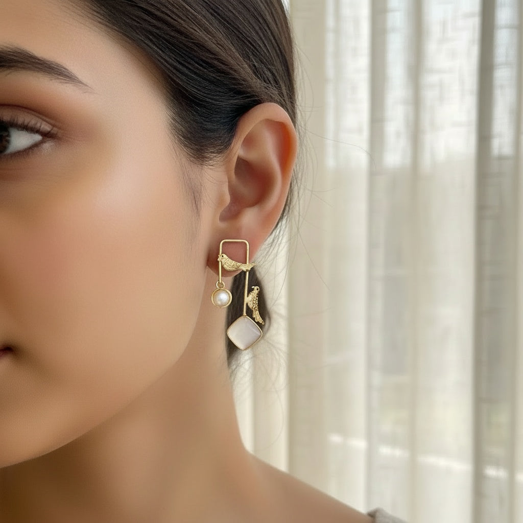 Golden Sparrow Pearl Drop Earrings - White