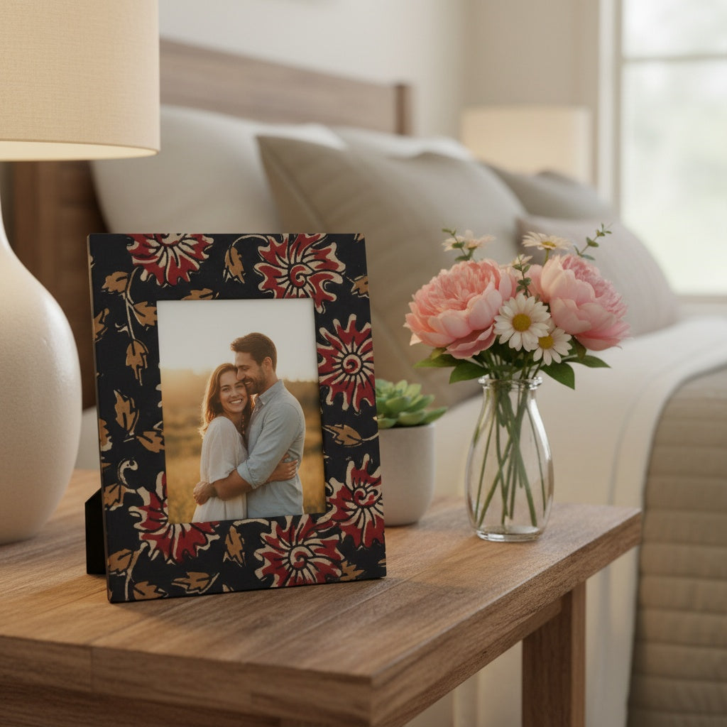 Handmade red and black floral picture frame holding a 3×5 photograph, artisanal block-printed fabric frame for home décor.