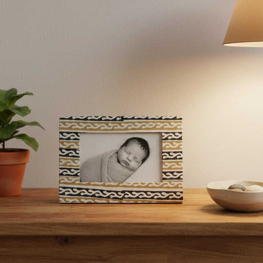 Handmade wine stripe picture frame holding a 3×5 photograph, handcrafted block-printed fabric frame for home décor.