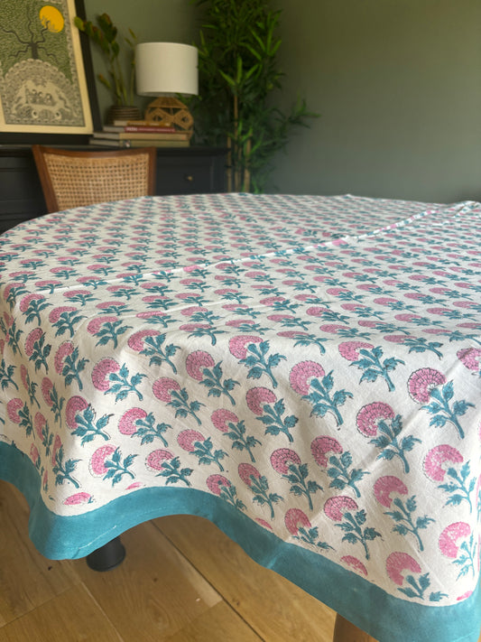 Pink Zinnia Hand Block Printed Cotton Round Tablecloth