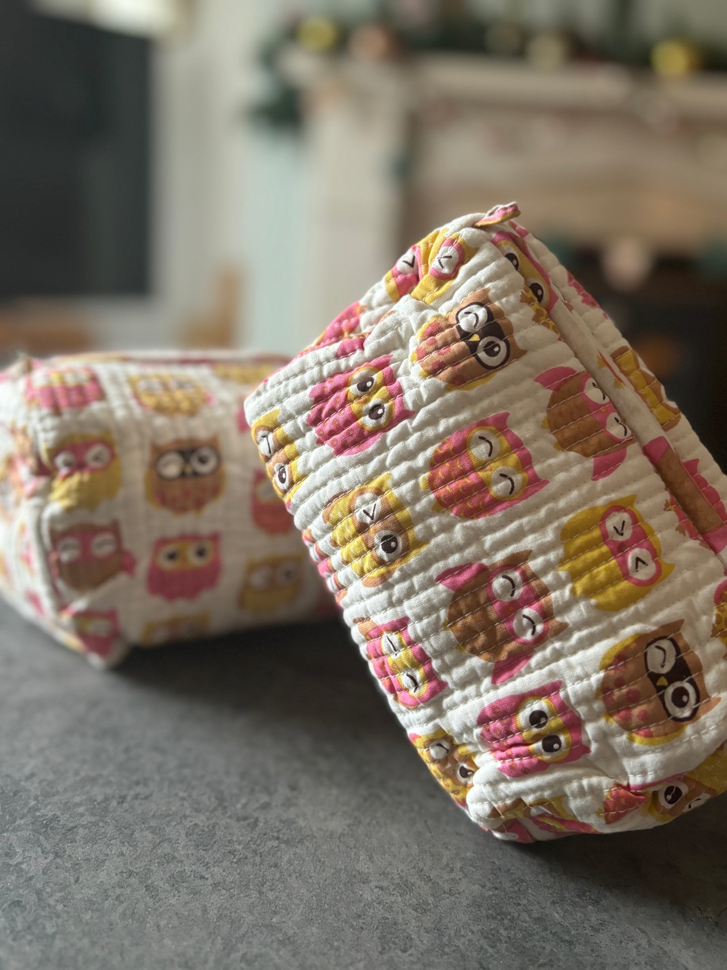 Owl Block Printed Wash bags Set of 2