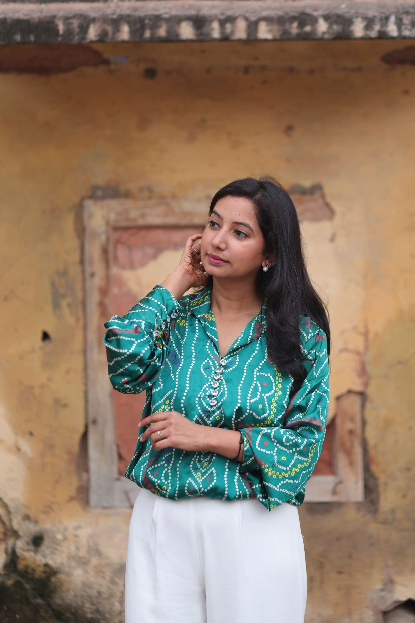 Emerald Bandhni Silk Blouse with Pearl Buttons
