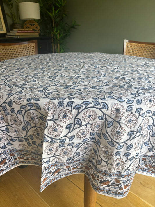 Woodland Bloom Hand Block Printed Cotton Round Tablecloth