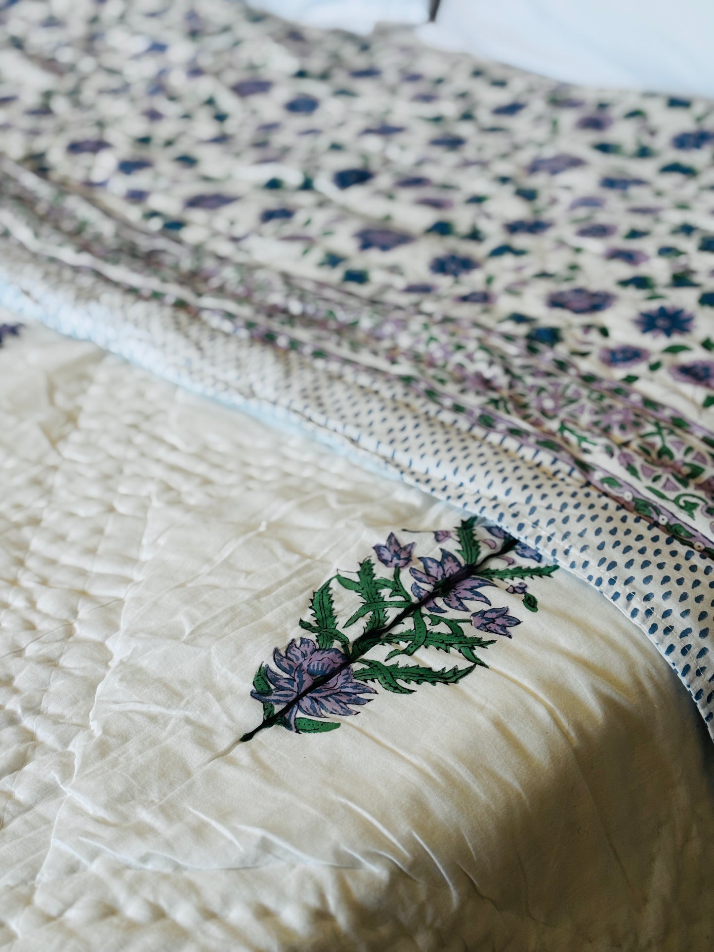 Lavender Bloom Reversible Summer Quilt – Hand Block Printed, Cotton Filled