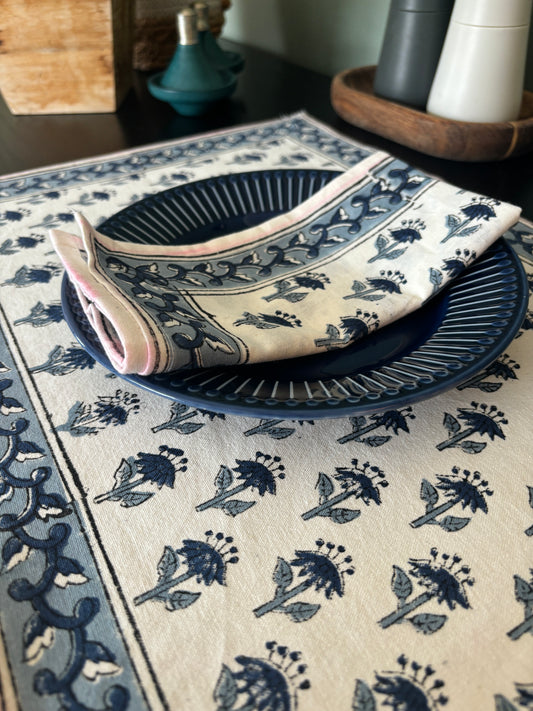 Indigo Charm Hand Block Printed Table Mats & Napkins – Set of 4