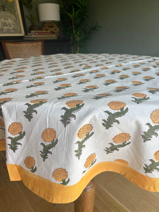 Golden Marigold Hand Block Printed Cotton Round Tablecloth
