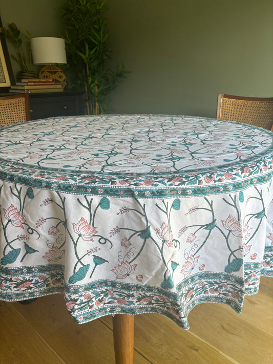 Lotus Whisper Hand Block Printed Cotton Round Tablecloth