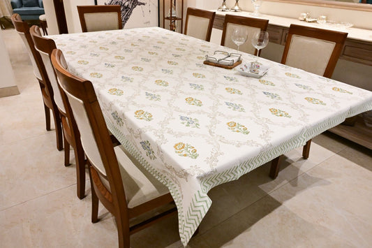 Ivory Frame Floral Block Print Tablecloth
